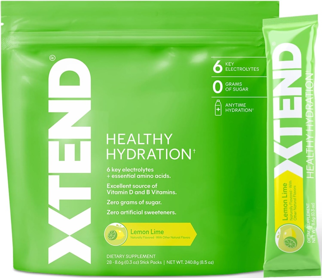 Xtend XTEND Healthy Hydration | Superior Hydration Powder Packets | Electrolyte Drink Mix | 3 Aminoacidi essenziali | Certificato NSF per lo sport | 28 Stick, Lime di limone