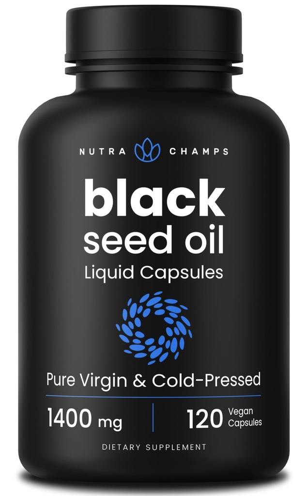 NutraChamps Black Seed Oil Organic Cold Pressed | 120 Vegan Softgel | Pillole Virgin Nigella Sativa con Vitamina E & Thymoquinone | Ricco in Omega 3 6 9 | Capsule di olio di semi di cumino nero non raffinati