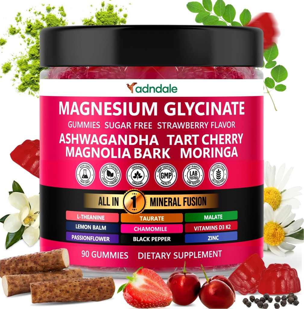 Adndale 90ct 15-in-1 Magnesio Glycinate Gummies 400 mg/serv- con Magnesio Malato, Ashwagandha, Tart Cherry, Magnolia Bark, Lemon Balm, Passionflower, Camomilla, L-teanina, Zinc, Vitamin K2 & D3