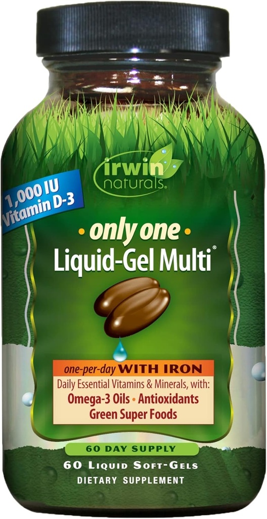 Irwin Naturals Only One Liquid-Gel Multi - 60 Softgels - One-Per-Day Multivitamin with Iron, Omega-3 Oli, Antiossidanti & Green Super Foods