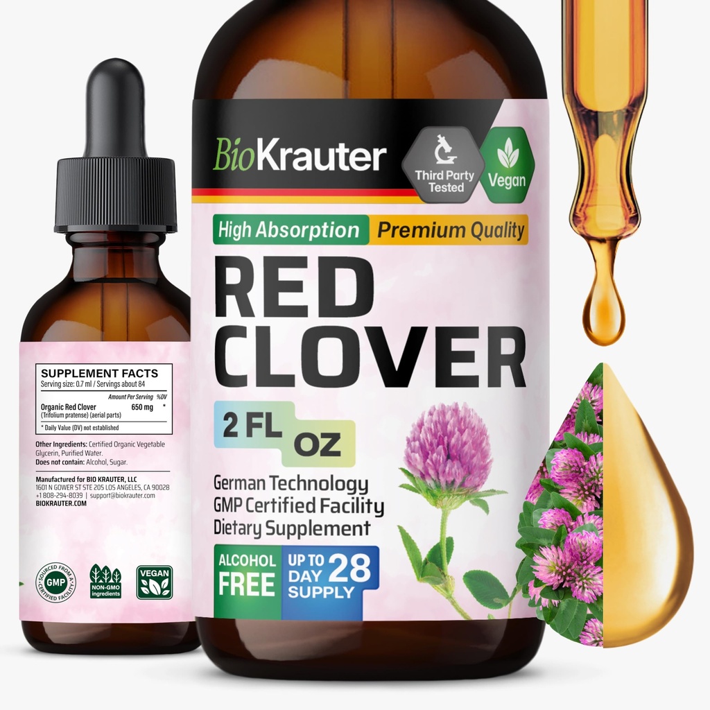 BIO KRAUTER Tintura di Clover Rosso - Estratto di Clover Rosso - Supplemento liquido per il supporto delle donne - Alcol e Zucchero Libero - Gocce Vegane 2 Fl.Oz.