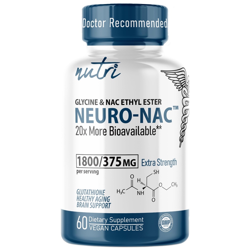 Nutri Neuro NAC Supplemento 375mg Extra Forza con 1800mg Glycine - N-Acetyl Cysteine Ethyl Ester - 20x Più Biodisponibile - Boost Glutathione 10x Più - 90 Vegan Capsules - 3rd Party Tested