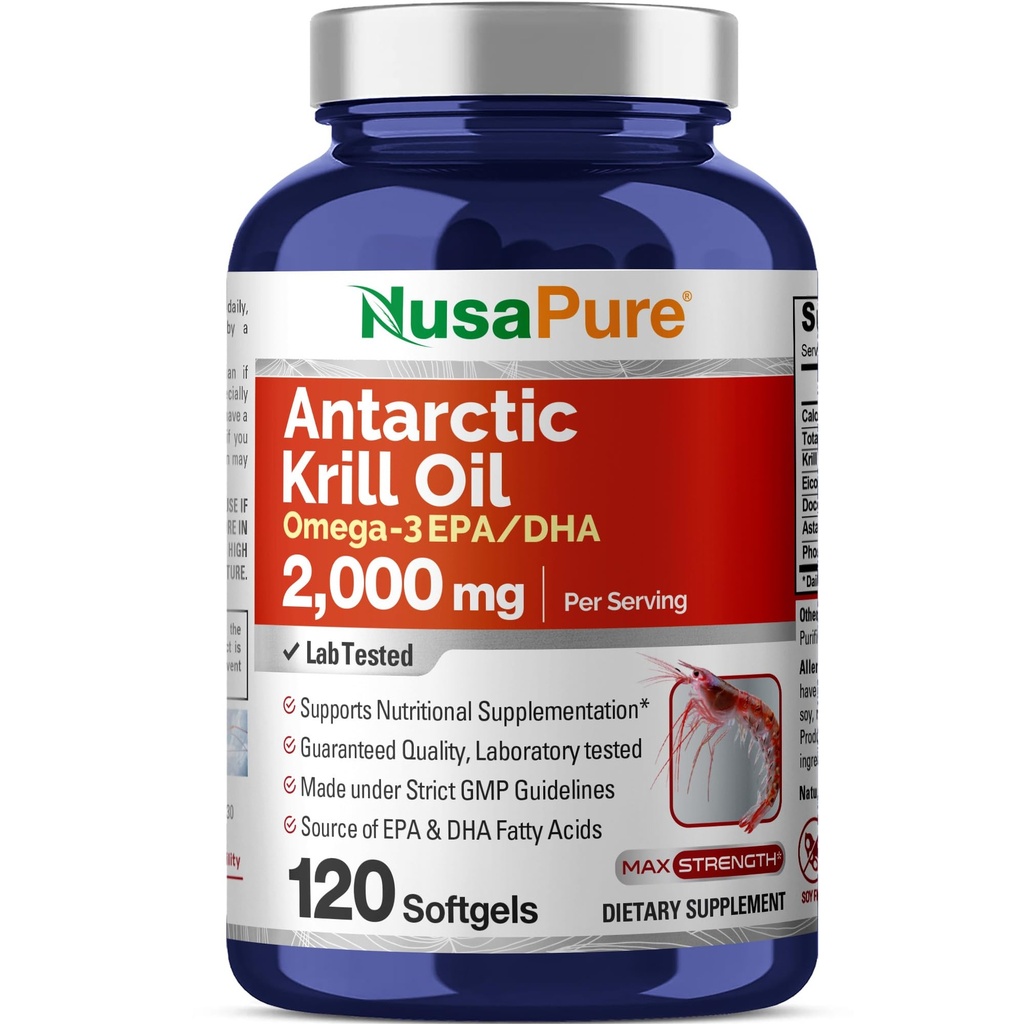 NusaPure Antarctic Krill Oil 2000 mg 120 Softgels, Omega-3 EPA 360mg, DHA 240mg, Soyfree Astaxanthin Supplemento Sorgente da Krill 800ppm