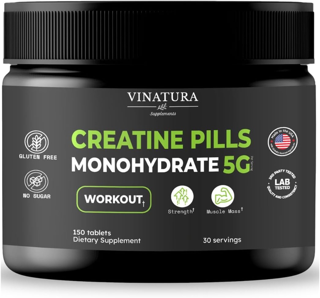 VINATURA Creatina Monoidrato Pillole 5g - creatina Compresse, creatina Pillole per uomini, donne, creatina in capsule *USA Made & Tested* Alt monoidrato di creatina, 150 compresse 30 Serve