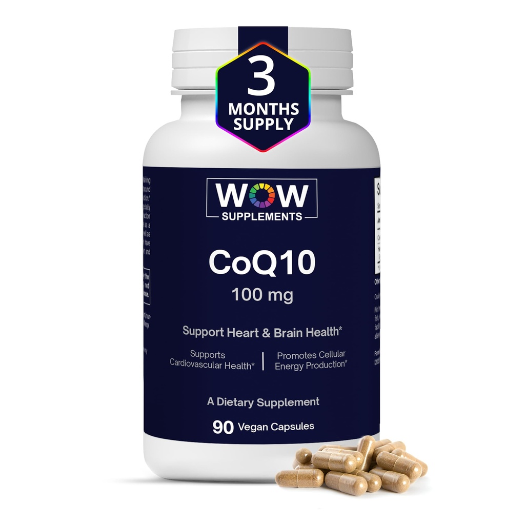 Integratori WOW CoQ10 100 mg con bacche di biancospino - Alto assorbimento CoQ10 100mg per la produzione di energia, il cuore e la salute cellulare - Non OGM, senza glutine Coenzyme Q10 100mg supplemento - 90 capsule