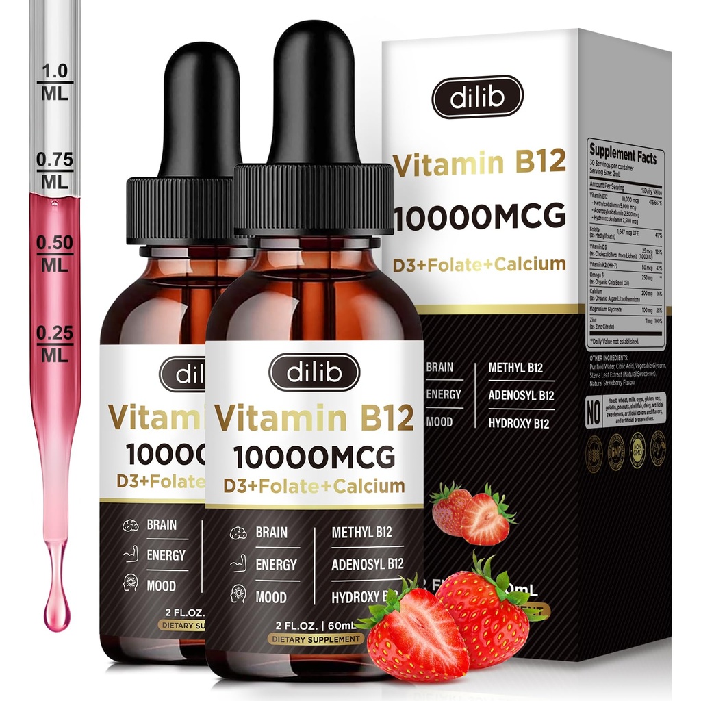 Vitamina B12 Liquid Drops Sublingual 10000 mcg, Triple B-12 Complex Supplement, Methyl & Methylcobalamin Blend for Women & Men, Mood & Energy Booster, Metabolism & Health Support, 2 Pack
