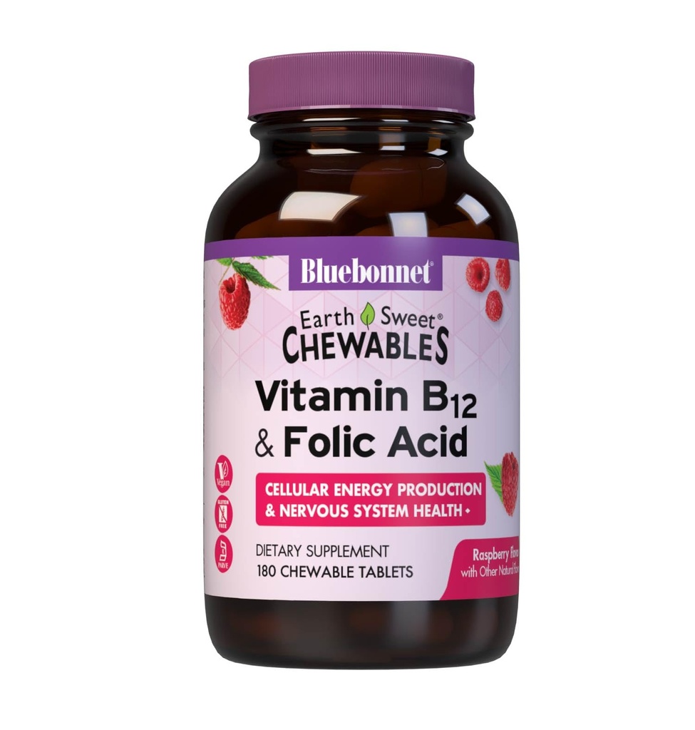 Bluebonnet Nutrition Earth Sweet Vitamin B12 1000 mcg & Folic Acid 400mcg Brain Health & Energy* Vitamine per Donne & Uomini - Vegan, Gluten-Free Raspberry B 12 Vitamina - 180 Compresse masticabili