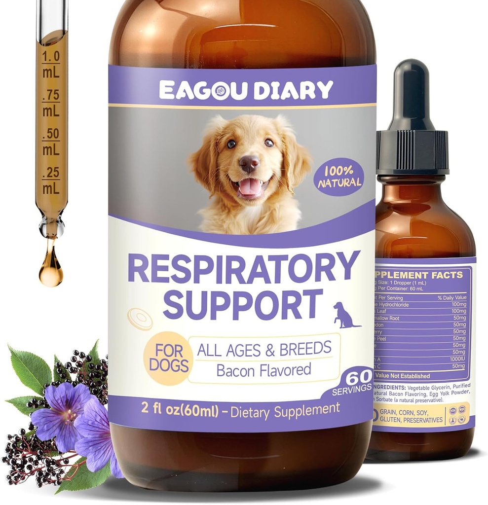 EagouDiary Dog Cough Trattamento,Liquid Kennel Cough Trattamento con Lysine, Mullein, Vitamine, Integratore Naturale per Canine Respiratory, Sneezing, Dry, Wet & Barky Relief (60mL/2 Fl Oz)