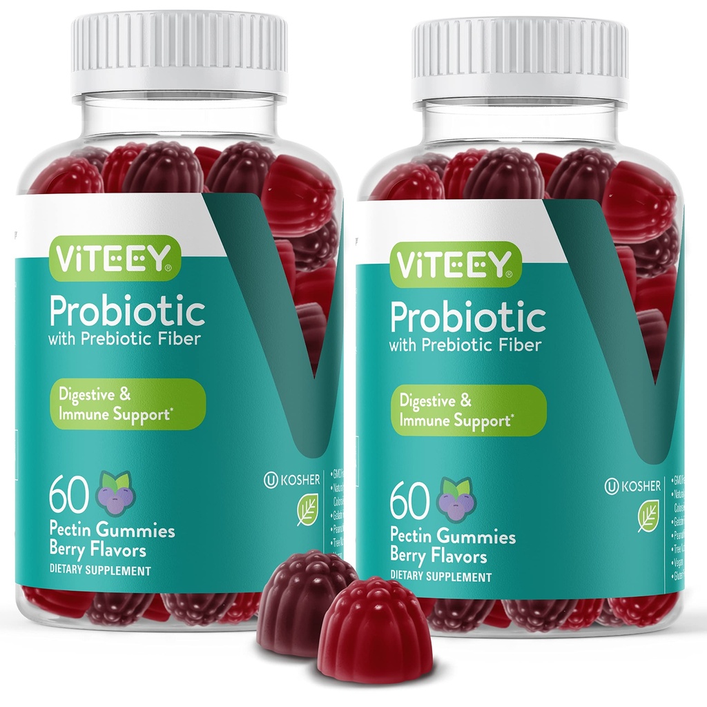 VITEEY Probiotic Gummies con Prebiotici – Integratori per la Salute Digestiva – 2 miliardi di CFU – Vegan, Gluten-Free – 120 Count