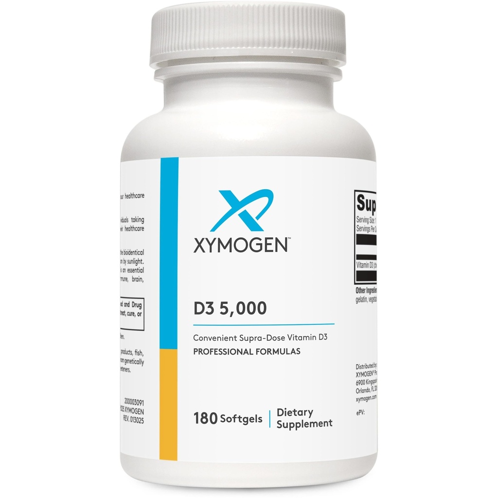 XYMOGEN D3 5000 - Biodisponibile Vitamina D3 5000 IU (125 mcg) - Integratore di vitamina D ad alta potenza per sostenere la salute immunitaria, Bone + salute del cuore (180 Softgels)
