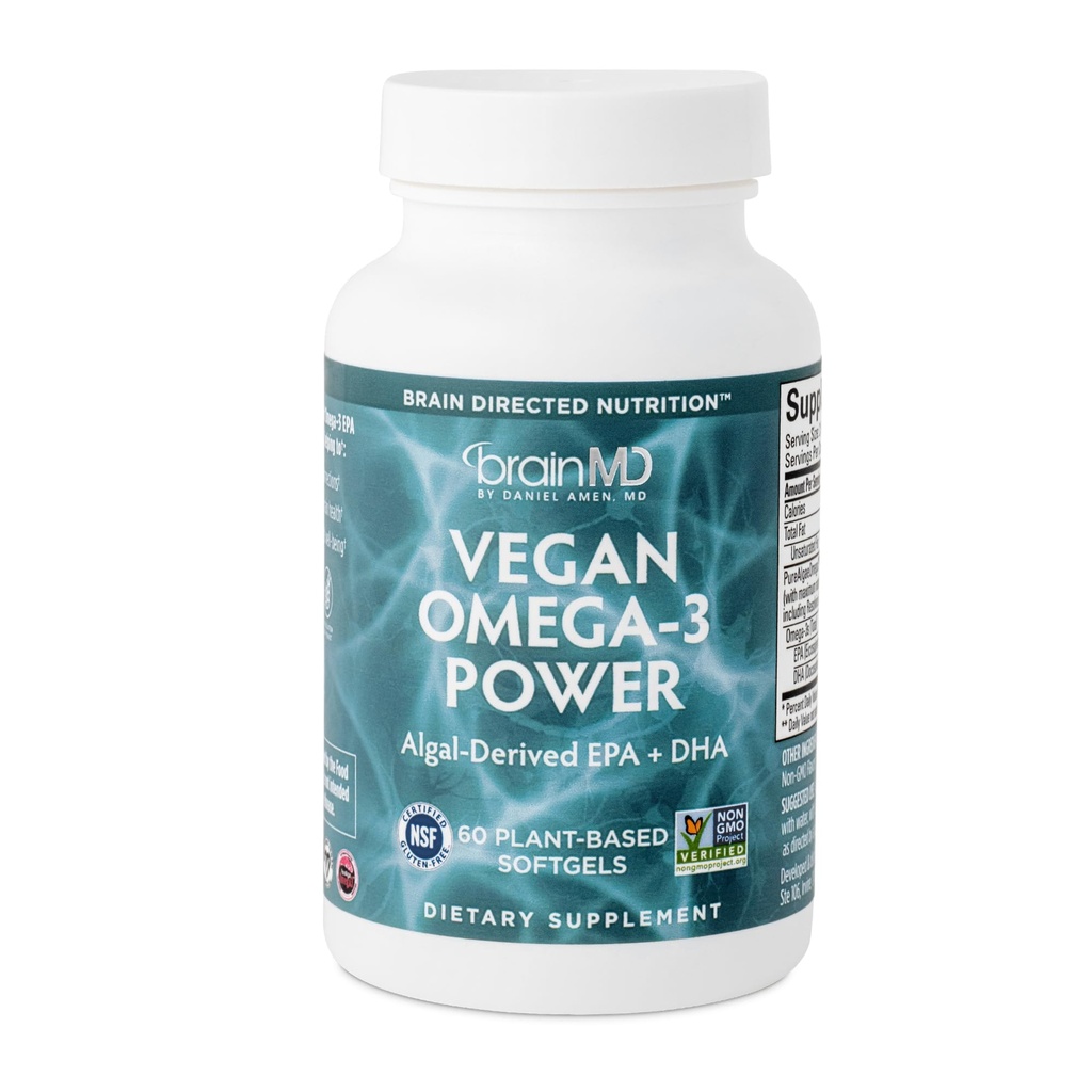 BRAINMD Dr Amen Vegan Omega-3 Power - 60 Plant-Based Softgels - 1,100 mg di EPA & DHA - Supporti Focus, Memoria & Heart Health - Vegan, Gluten Free & Non-GMO - 30 Serve