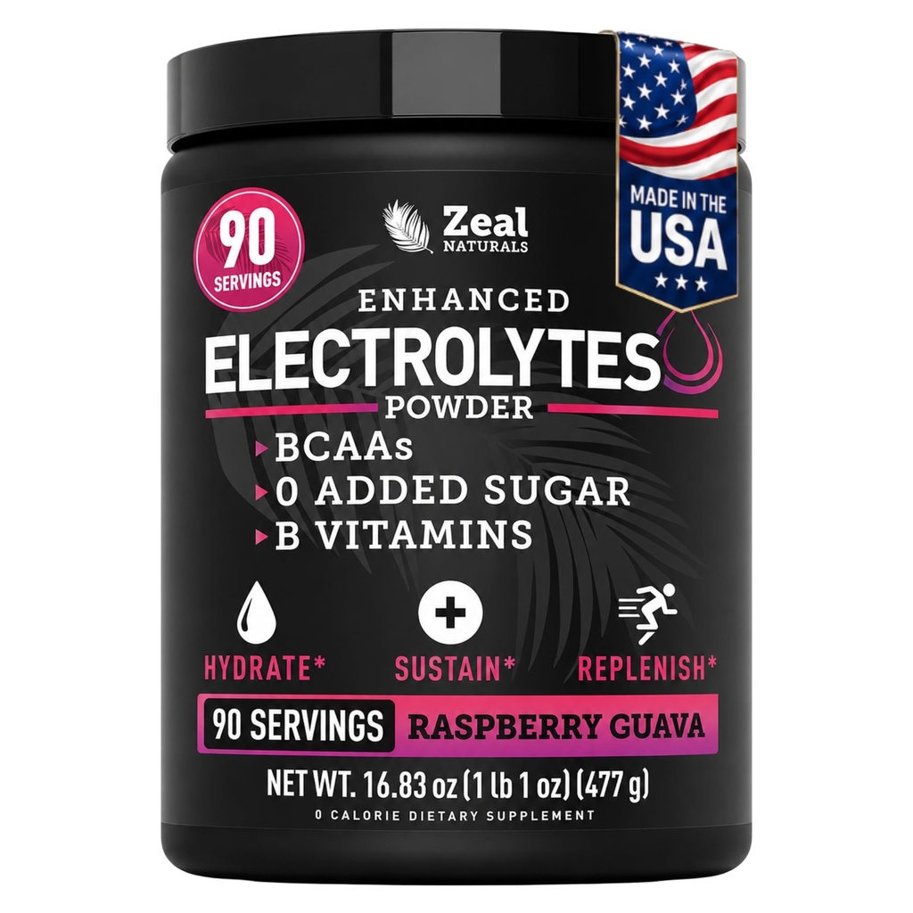 Zeal Naturals Electrolyte Powder Recovery Drink (90 Serve | Raspberry Guava) w 0 Zucchero +BCAAs +B-Vitamins Electrolyte Supplement w Potassium Zinc & Magnesium per l'idratazione - Keto Electrolytes