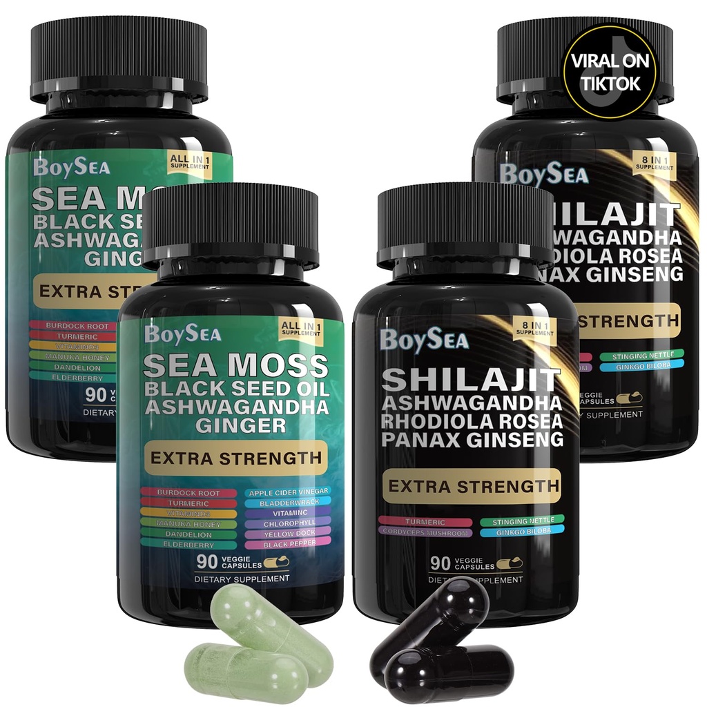 Boysea. Shilajit e Sea Moss Bundle- 90 Conte - Sea Moss, Black Seed Oil, Ashwagandha, Ginger & Shilajit, Rhodiola Rosea, Tutti in 1 Supplementi (2 Pc)