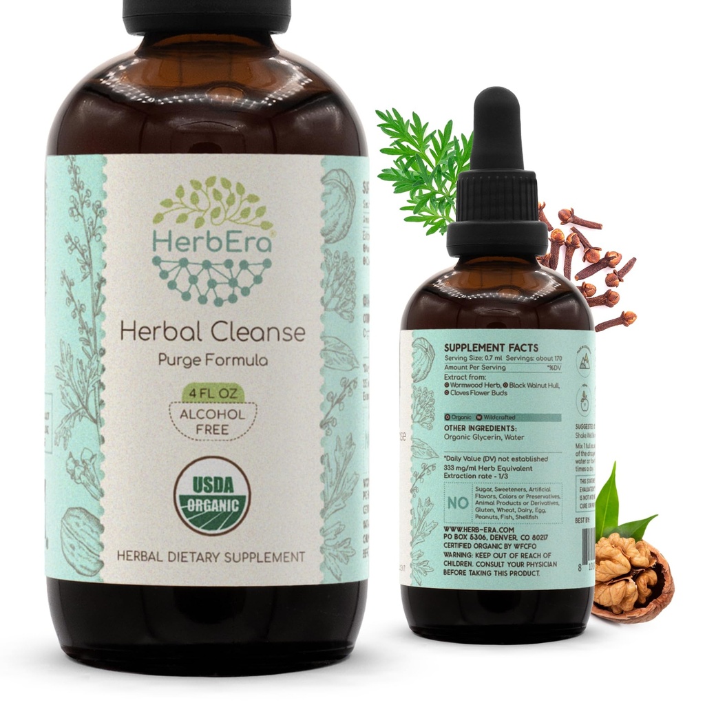 HerbEra Herbal Cleanse Organic Alcohol-Free Tincture | Detox and Cleanse Formula, Estrarre supplemento | Organic Wormwood Herb, Black Walnut Hull, Cloves Flower Buds | Purge Extract (4 fl oz)