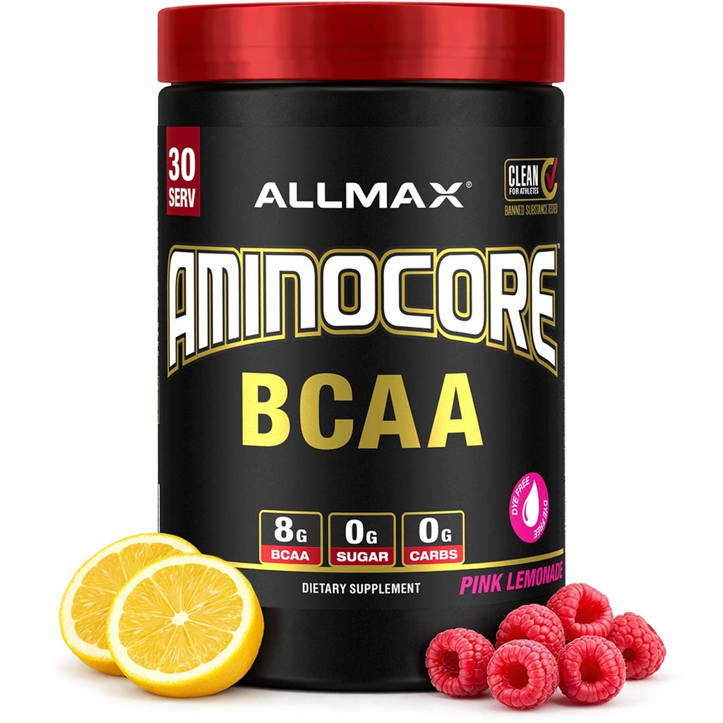ALLMAX Nutrition AMINOCORE BCAA – 8G BCAAs – Aminoacidi a catena pura al 100% – Gluten Free - Limonata rosa - 315 Gram