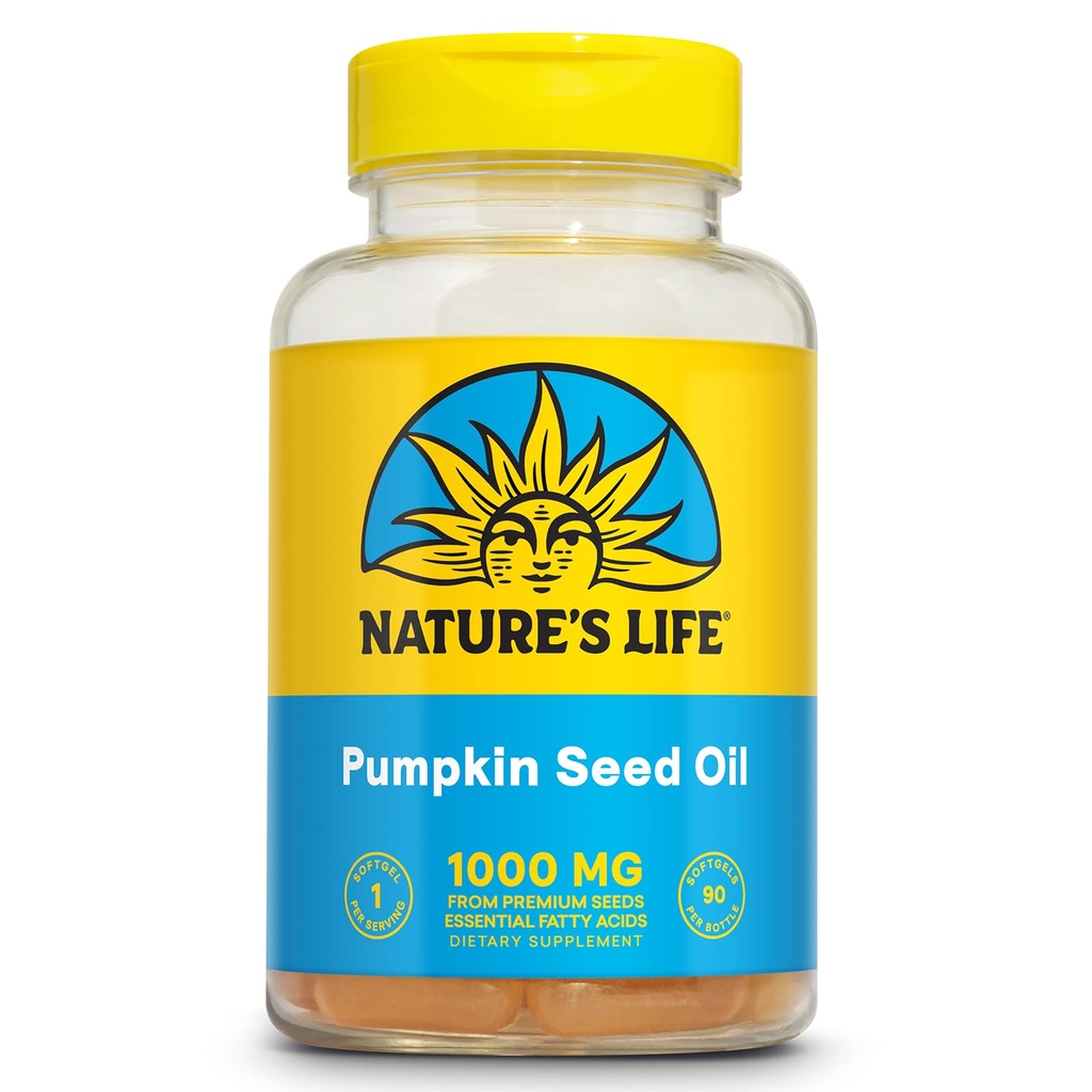 Integratore di olio di semi di zucca di vita della natura - Fonte di acidi grassi essenziali omega 3 6 e antiossidanti - Pressato a freddo da semi di zucca organica - Vegan, garanzia di 60 giorni, 90 Serve, 90 Softgels
