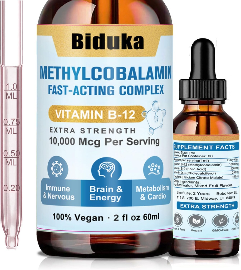 10.000mcg Vitamina B12 gocce liquide sublinguali, Formula unica con D3, B9 (acido folico), Calcio, Energia di supporto, Cuore, Mood, Cervello, Sistema immunitario, Vegetariano, Non OGM & Gluten Free