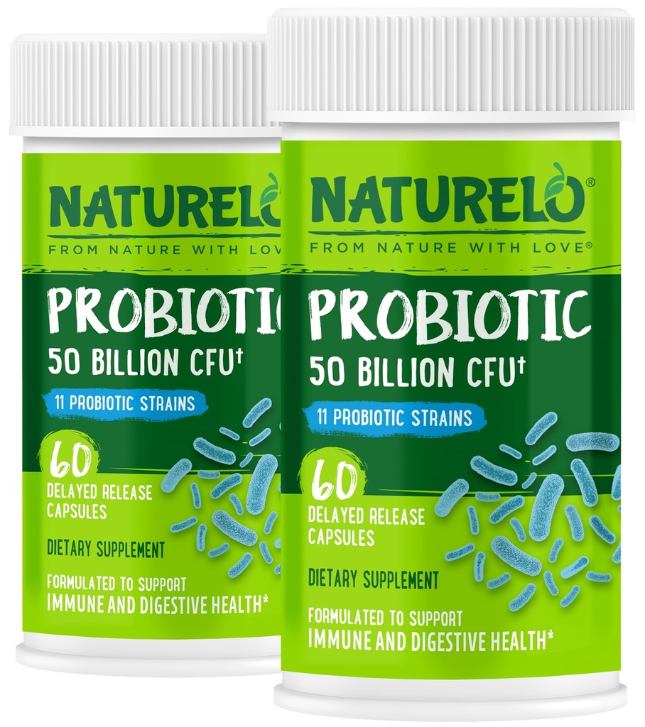 NATURELO Probiotici per la salute digestiva - 50 miliardi di CFU, 11 Strains, supplemento uso quotidiano - Boosts sistema immunitario, rilascio ritardato, no-frigo, 60 capsule vegetariane (pacchetto di 2)