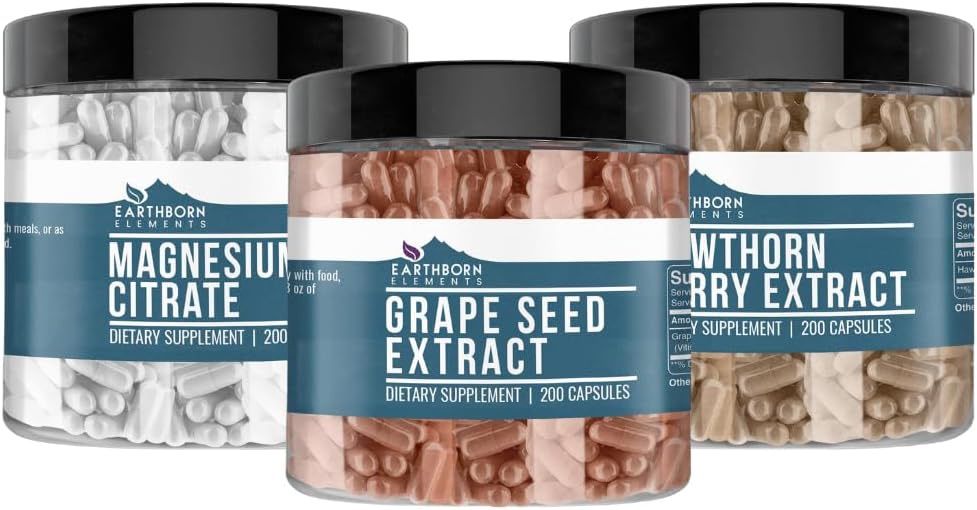 Elementi terrestri bacche di biancospino, semi d'uva, & Magnesio Citrato Bundle (200 caps), Pure & Undiluted, No Additivi