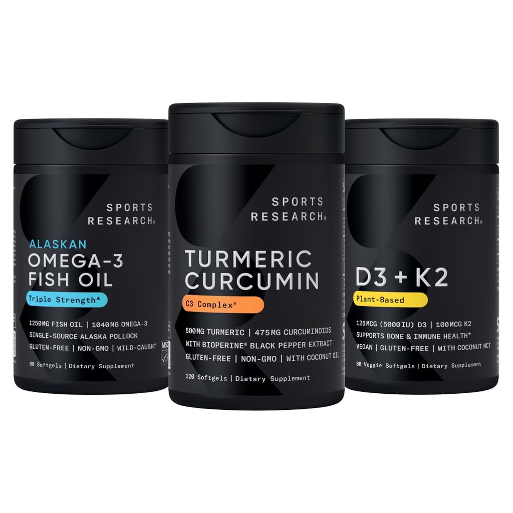 Ricerca sportiva Wild Alaskan Pollock Omega 3 Fish Oil 90 Softgels (1250 mg), Curcumina curcuma curcumina C3 Complex (120 Softgels) e Vegan 5000 IU Vitamin D + 100mcg Mk7 Vitamin K (60 Softgels)