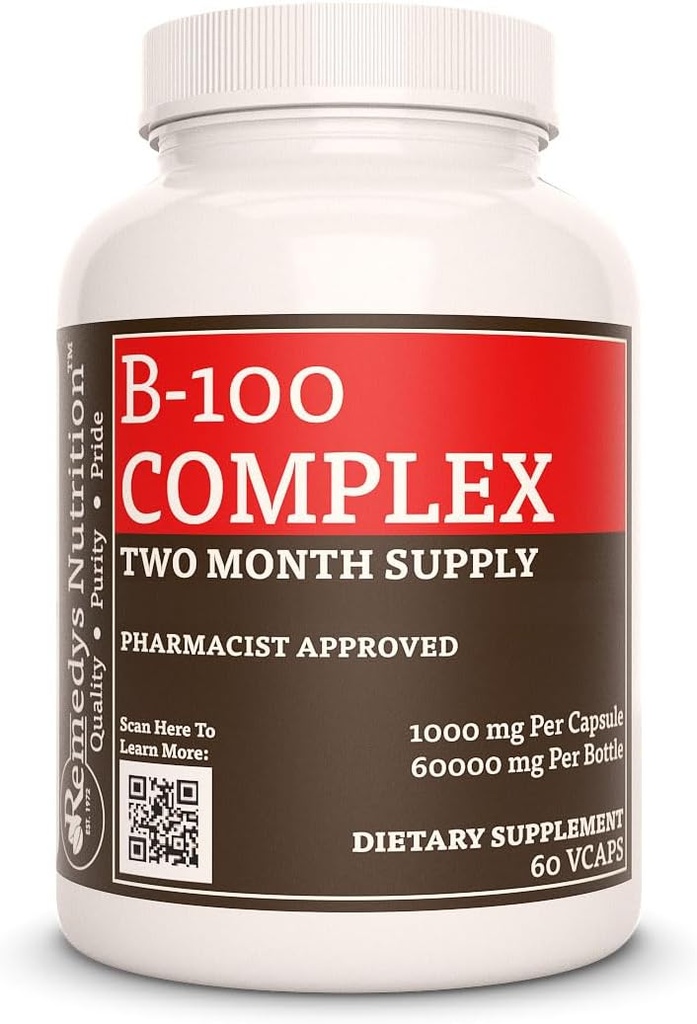 Alimentazione di Remedy Vitamina B-100 Complex |1.000 mg, 60 Vegan Capsule Integratore alimentare | Fornitura di due mesi