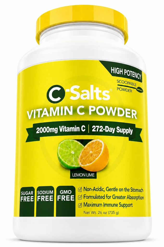 C-Salts Vitamin C Powder Supplement - 100% Pure High Dose Buffered Vitamin C Polvere per il supporto immunitario - Organic, Sugar-Free, Vegan, Non OGM, Stomach-Friendly, Lime Lime 26oz