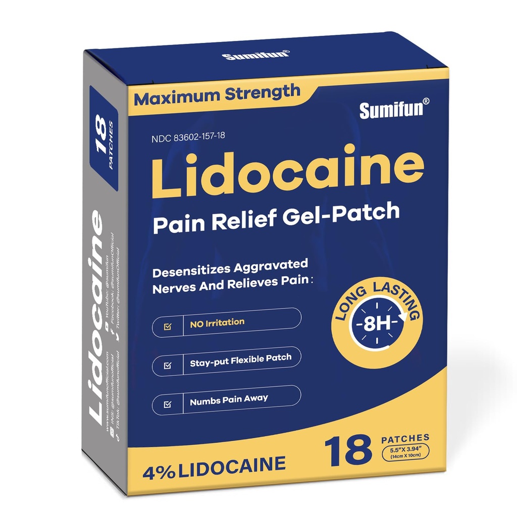 Sumifun 4% lidocaina Pain Relief Patches - OTC Massima resistenza – Flessibile & Long-Lasting, 18 Conte Lidocaine Patches per schiena, collo, muscolo, dolori articolari - Patch di dolore non accentato