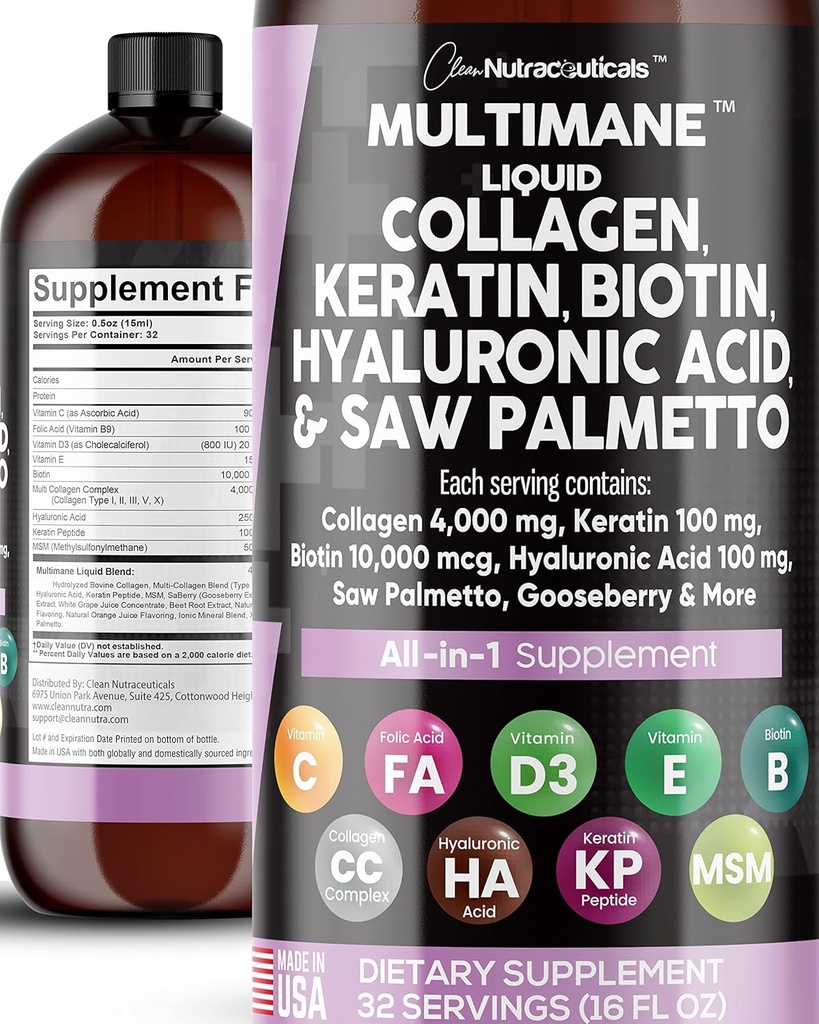 Pulire Nutraceuticals Liquid Collagen 4000mg Biotin 10000mcg Keratin 100mg Saw Palmetto Acido Ialuronico 100mg - Hair Skin & Nails Vitamins & DHT Blocker con Vitamina D3 MSM 50mg Made in USA - 16 Fl. Oz