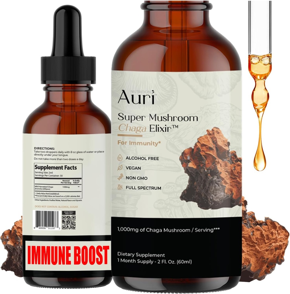 Auri Super Chaga Elixir - Mushroom Superfood Liquid Supplemento con spettro completo Immune Supporto da stress ossidativo e sollevamento di energia - Chaga Tincture 60ml