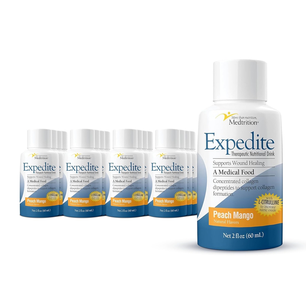 Medtrition Expedite Liquid Collagen, Peach Mango, 2 Fl Oz, Confezione da 24 - Supporto nutrizionale per General, Ortopedia & Cosmetic Surgery Recovery