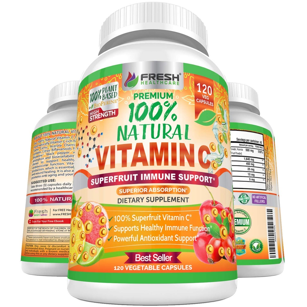 Vitamina C naturale al 100% - 500mg da Rose HIPS, Acerola Cherry & Camu Camu - Supporto immunitario ad alto assorbimento, Pelle, Joint & Collagen Booster con Citrus Biflavonoids - 120 Capsule