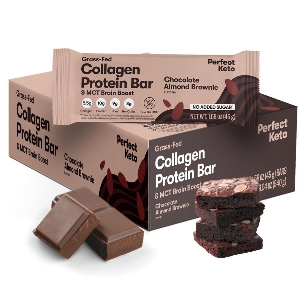 Perfetto Keto Bars - Il più pulito Keto Snacks con collagene e MCT. Non Aggiunto Zucchero, Keto Diet Friendly - 3g Carbs Net, 19g Grasso, 10g proteine - Diet Food Dessert (Mandorla Butter Brownie, 12 Bars)