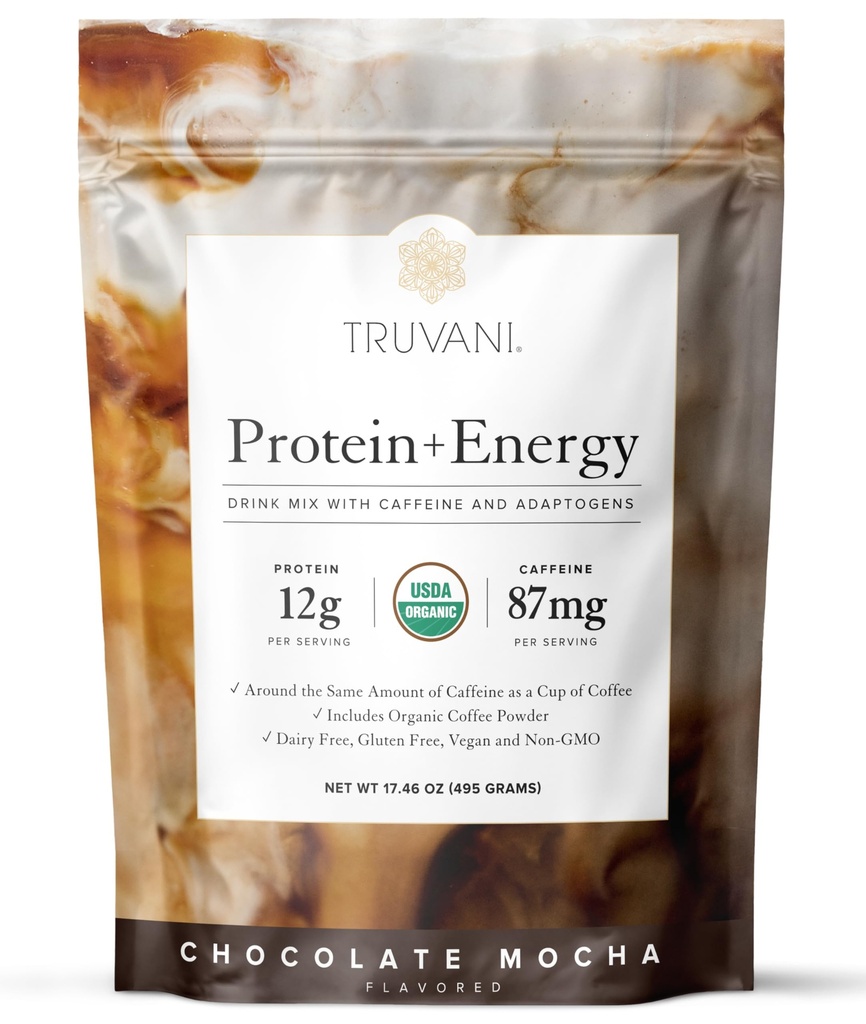 Truvani Protein + Energy Drink Mix con 87mg Caffeina | Chocolate Mocha | 12g Organic Plant Based Protein | 20 Serve | USDA Organic Coffee Powder & Adaptogens | Gluten & Dairy Free | Vegan