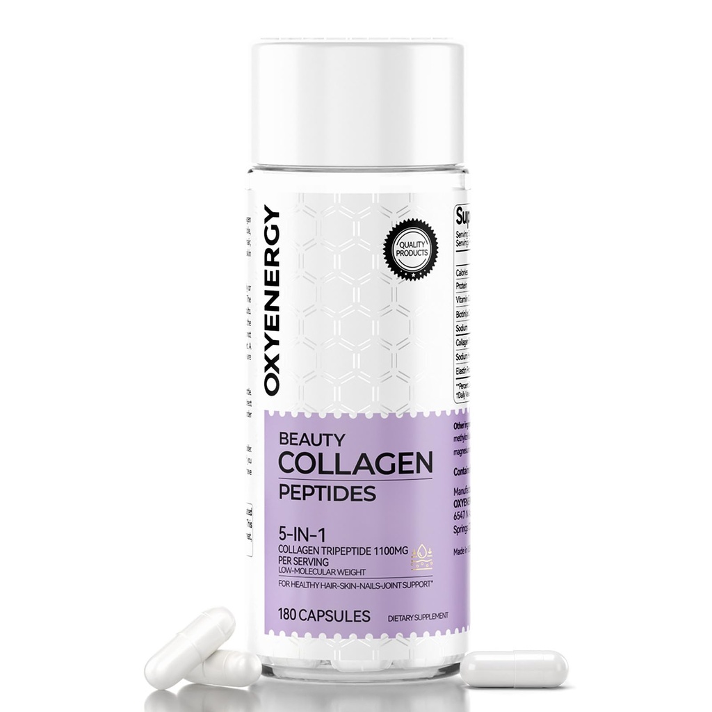 OxyEnergy Collagen Peptides Capsule per le donne, 1100mg Collage idrolizzato Tripeptides (Tipi I) Integratori con Biotina e Vitamina C, 180 Pillole Collagene per Promuovere Capelli, Unghie, Pelle, 2 Mesi di Alimentazione