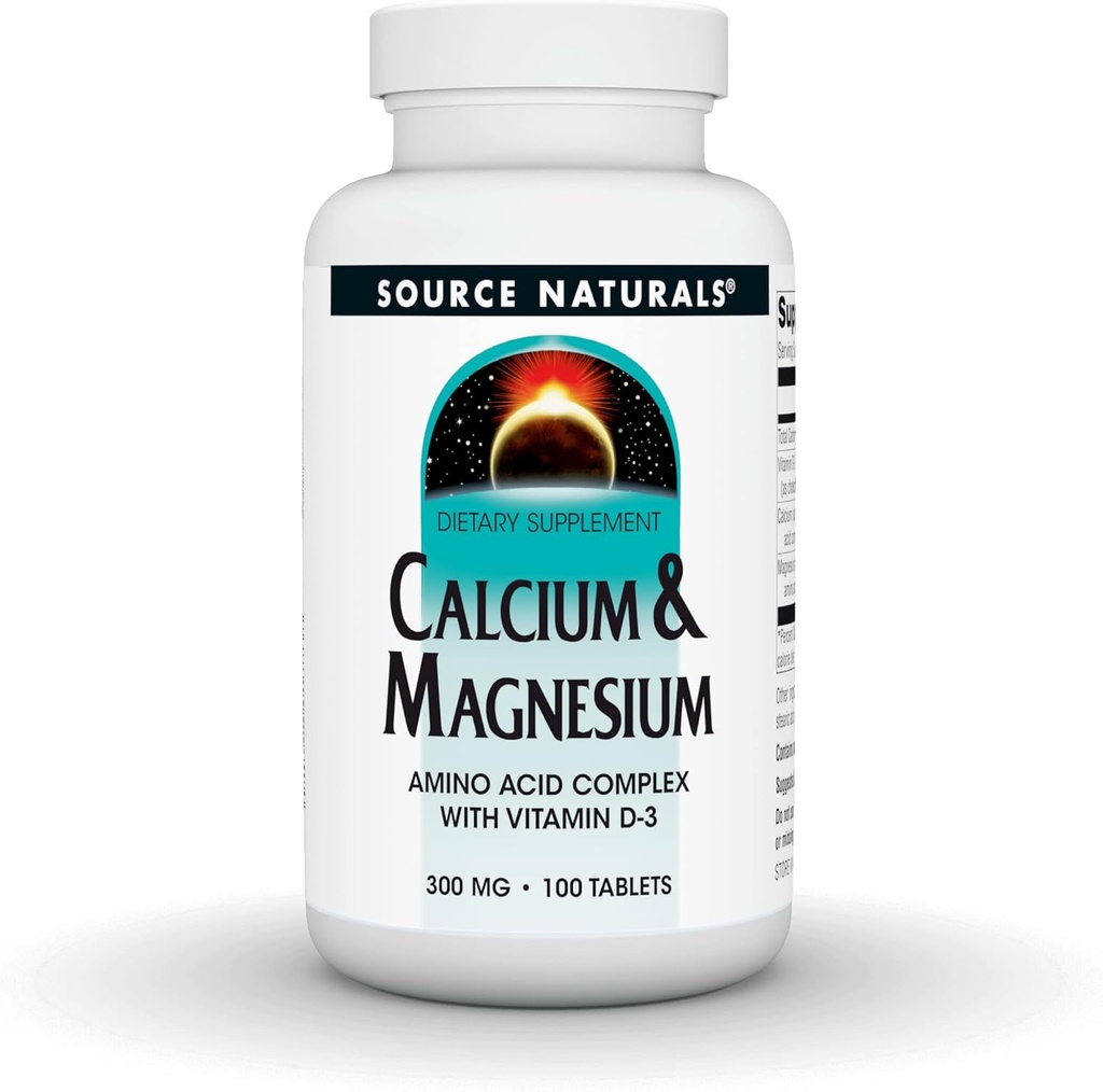 Fonte Naturals Calcium & Magnesio, Aminoacido Chelato con vitamina D-3, 300 MG - 100 compresse