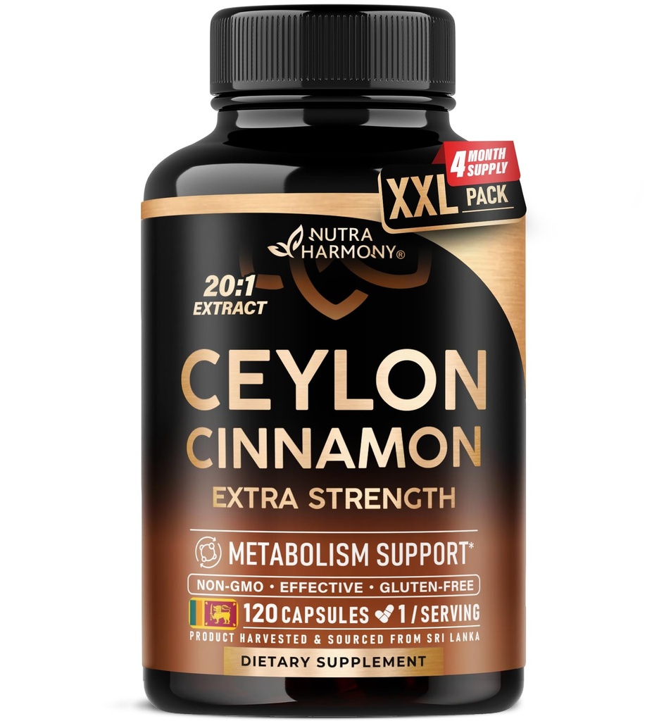 Ceylon Cinnamon Capsule - Extra Forza - Energy, Heart & Metabolism Support - per Uomo & Donne - Pure Natural Extract 20:1 Supplement - Made in USA - GMO & Gluten Free, 120 Capsule, 4 Mesi di Alimentazione