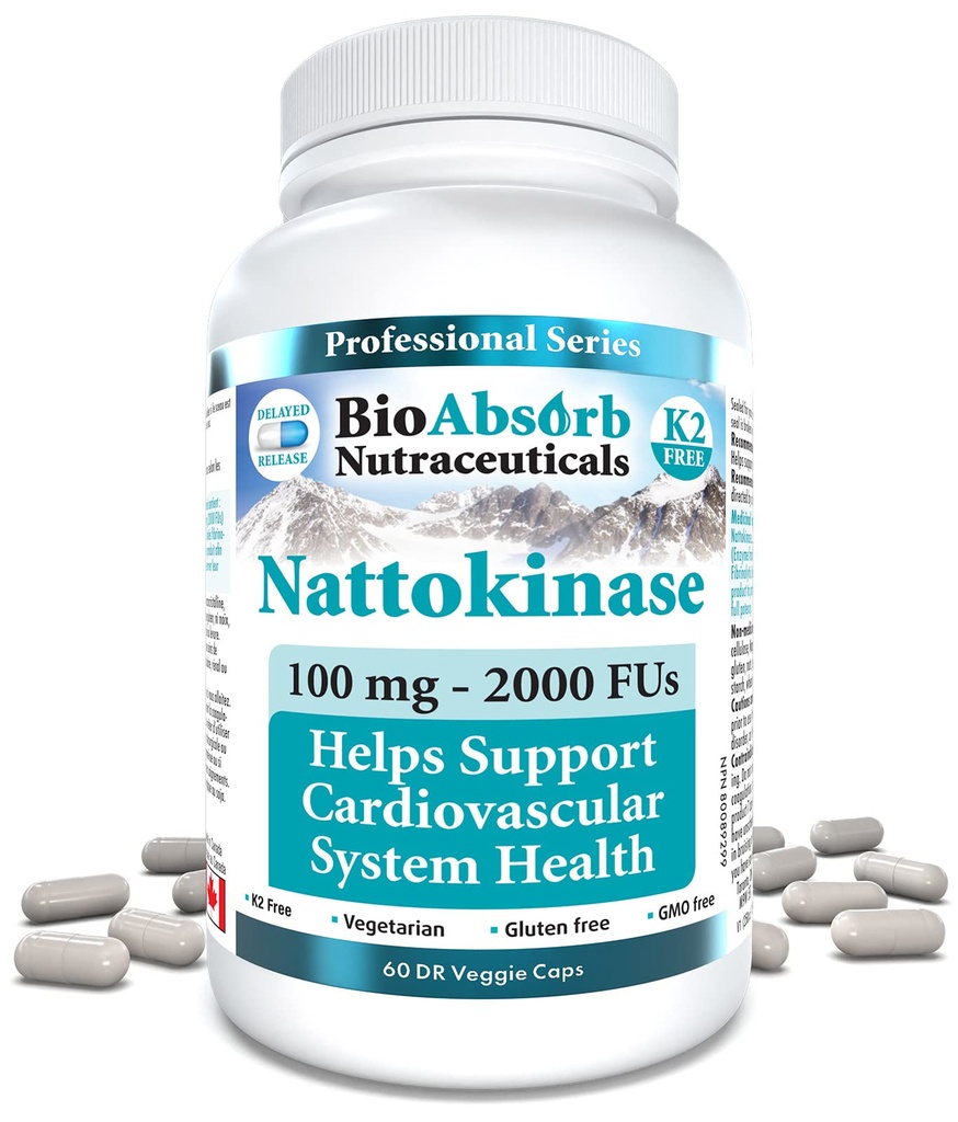 Bio Absorb Nattokinase Supplemento. Estratto di Natto Non OGM Enzime. 100 mg, 2000 FU. 60 Caps Veggie (alimentazione da 60 giorni)