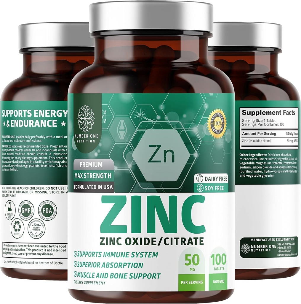 N1N Premium Zinc 50mg [3X Absorption, Vegan] Tutto naturale Ossido di zinco e supplemento di citrato per il supporto immunitario, salute della pelle e una migliore digestione, 100 compresse