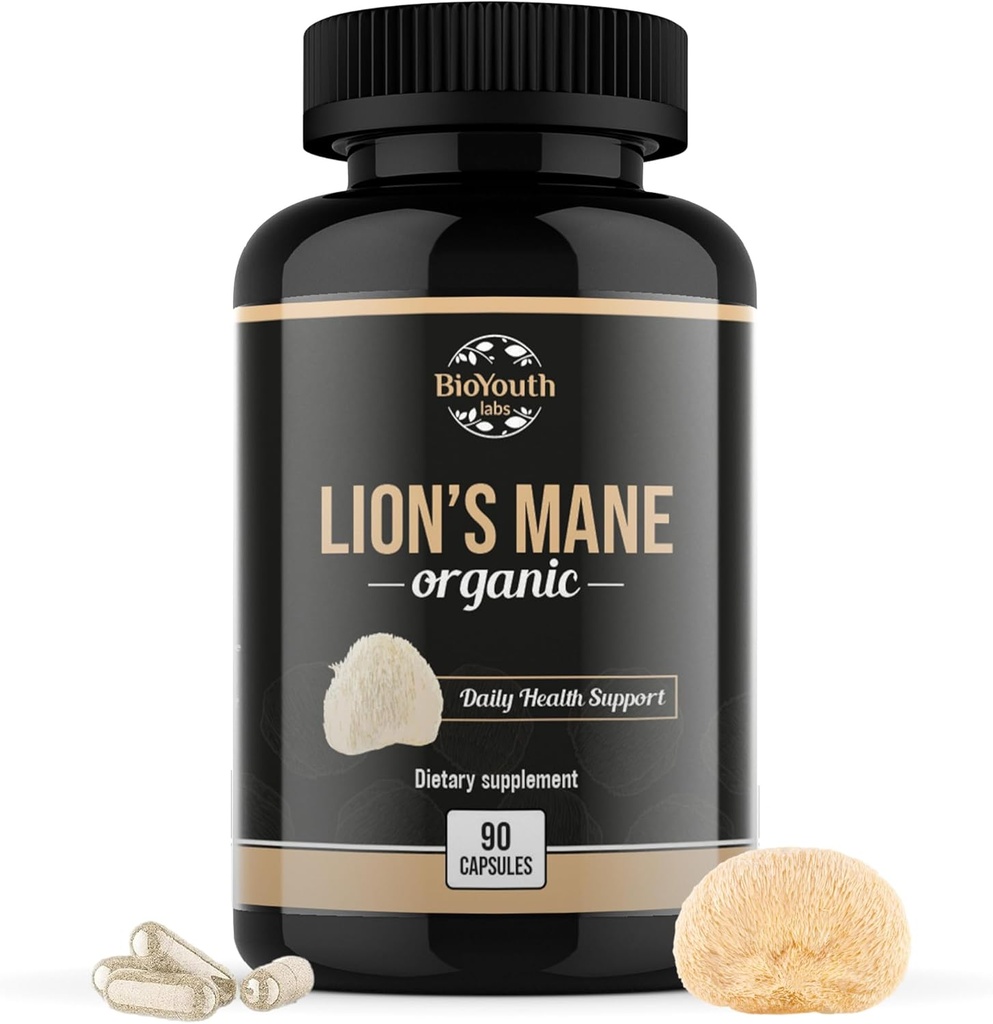 Organic Lions Mane Brain Support Integratore alimentare Premium Lions Mane Mushroom Extract - 90 Capsule