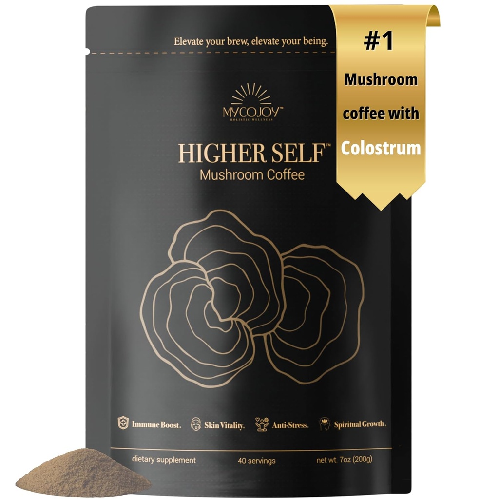 HIGHER SELFTM Mushroom Coffee Ultimate Focus & Immune Support Blend con 40% Colostrum IgG, Organic Arabica, Lion's Mane, Reishi, Chaga, L-teanina e Frankincense per il supporto immunitario, Focus, Energy, Mood e Gut Health | 7oz. 40 porzioni