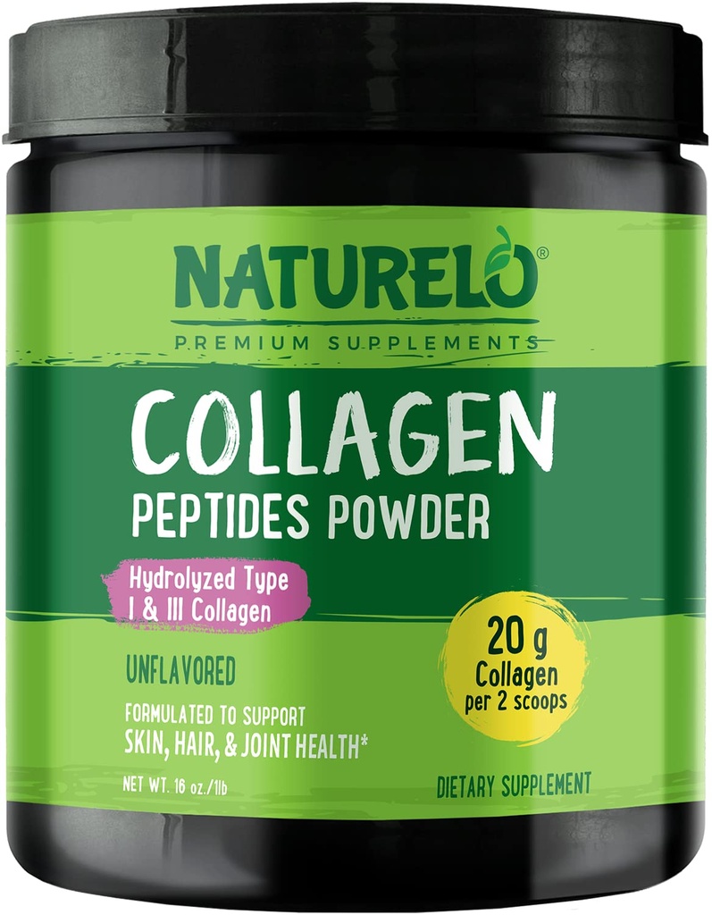 NATURELO Collagen Peptide Powder, Collage idrolizzato Tipo I & III, Pelle Capelli & Joint Health - Non aromaed, 16 once | 45 Servings