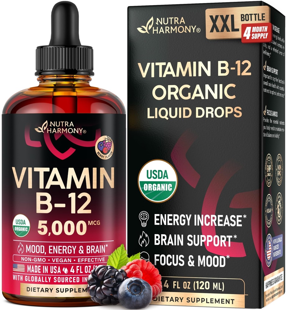 USDA Organic Vitamin B12 Sublingual Drops - 5000 mcg Liquid Vegan Methylcobalamin per le donne e gli uomini - Energy Boost, Focus & Mood, Brain Health Support - Maximize Absorption - 4 mesi di alimentazione, 4 fl oz