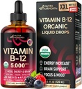 USDA Organic Vitamin B12 Sublingual Drops - 5000 mcg Liquid Vegan Methylcobalamin per le donne e gli uomini - Energy Boost, Focus & Mood, Brain Health Support - Maximize Absorption - 4 mesi di alimentazione, 4 fl oz