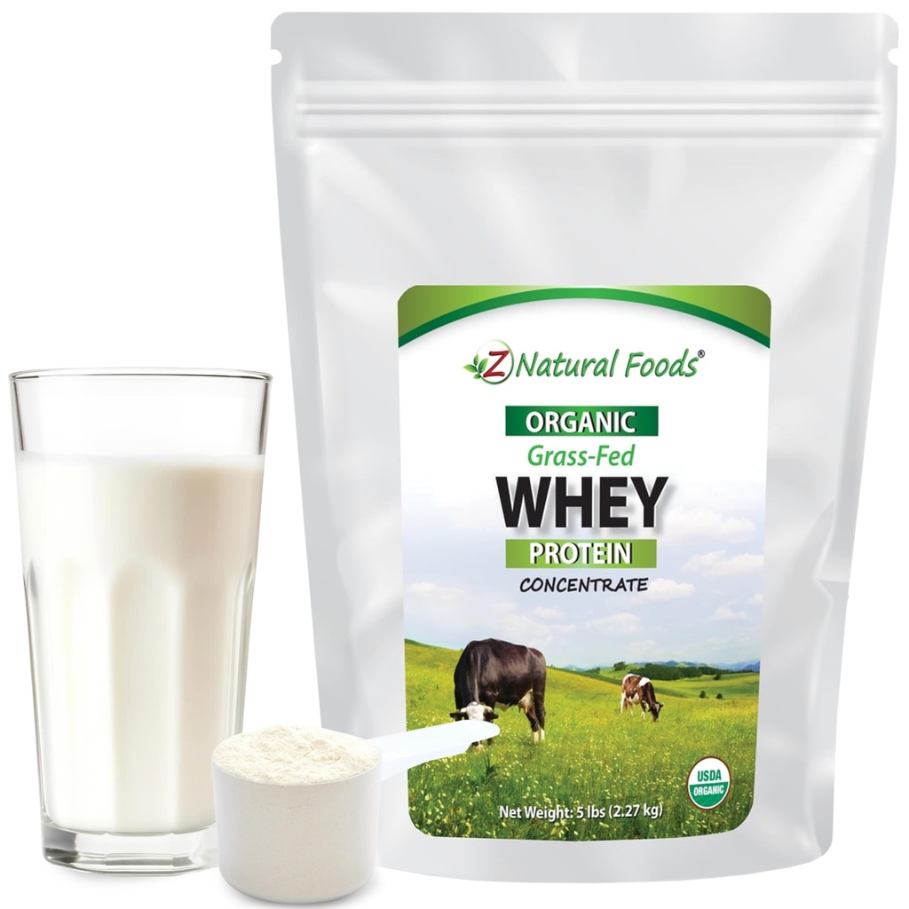Z Natural Foods Organic Whey Protein Concentrate - Nutriente-Dense Grass Fed Whey Protein Powder - Proteina di siero puro a freddo con aminoacidi essenziali per la nutrizione e il fitness, non aromatizzato, 5 lbs