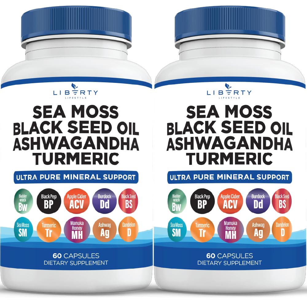 Sea Moss Black Seed Oil Ashwagandha Turmeric Bladderwrack Burdock - con Manuka, Honey Dandelion, ACV Black Pepper Gluten Free - 2-Pack