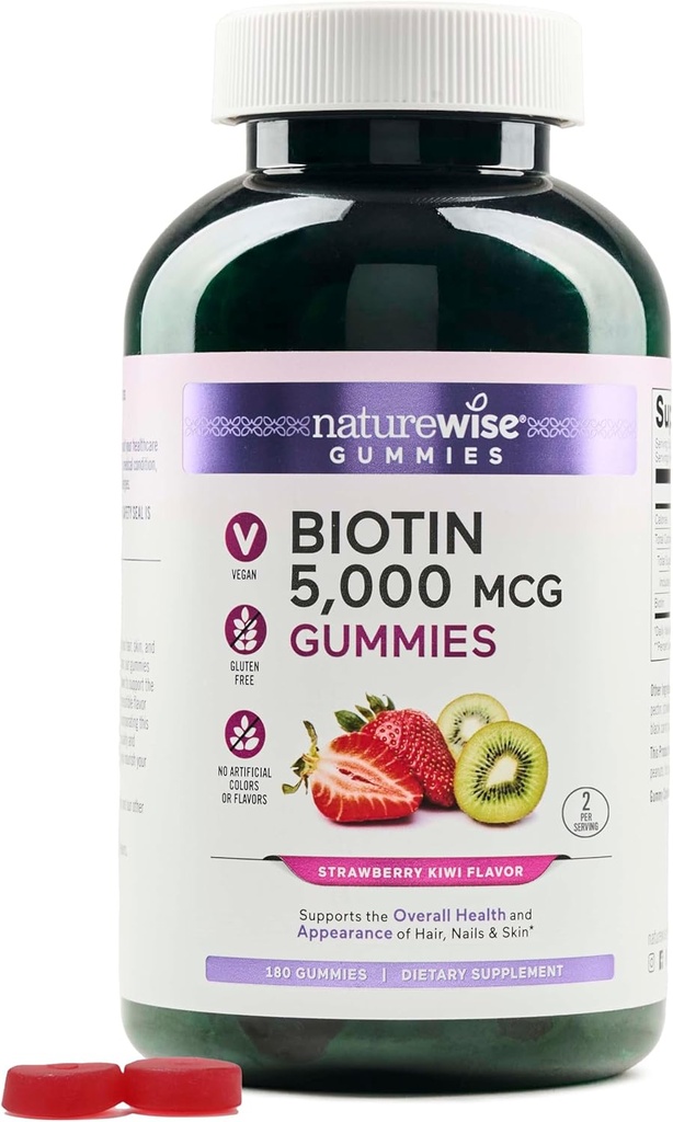 NatureWise Biotin Gummies - Supporta capelli sani, pelle e unghie forti - Vitamina B7 5000mcg - Bellezza naturale - Strawberry-Kiwi Flavor - Vegan, Non-GMO, Gluten Free - 180 Count[90 Day Supply]