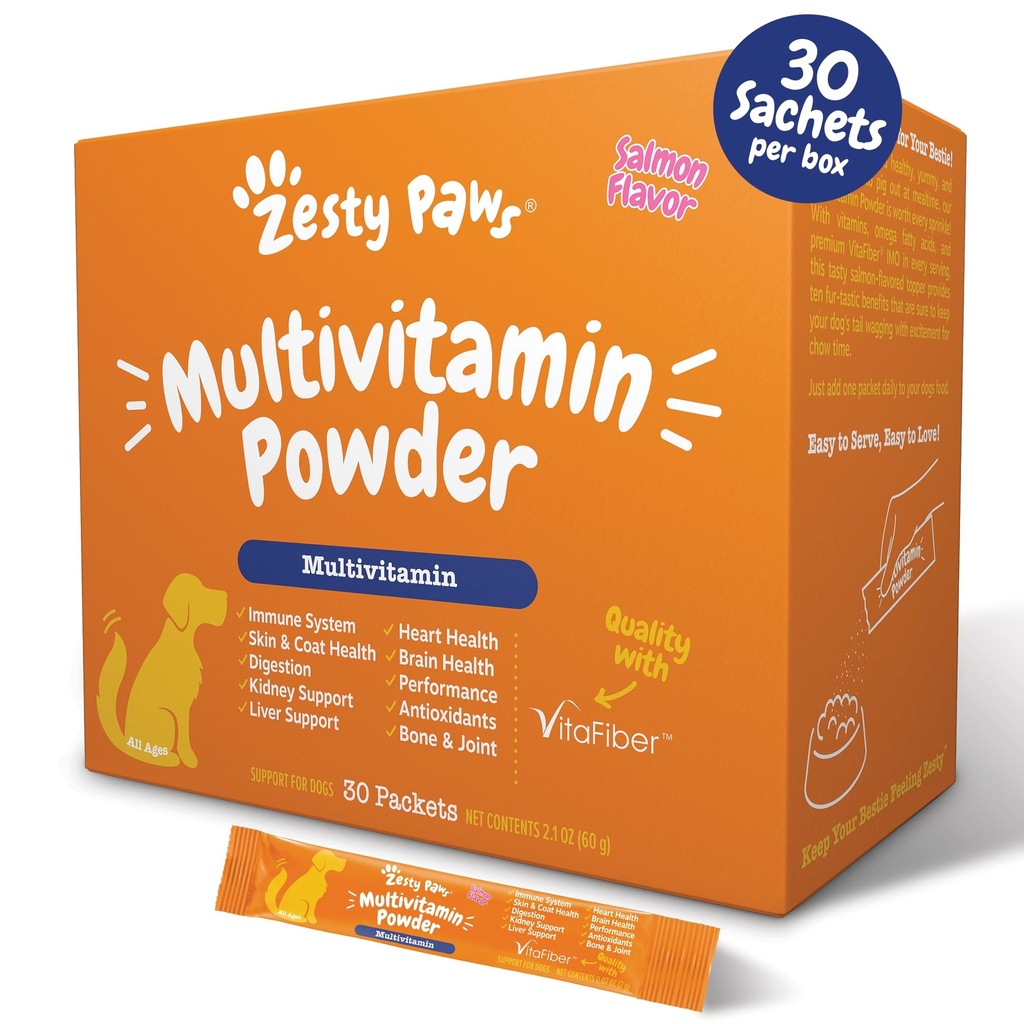 Zesty Paws 10-in-1 Cane Multivitamin - Gut, Immune, Joint, Skin & Coat Support, and More - Vitamine e Supplementi per cani Polvere - Supplementi per animali domestici con Omega Fish Oil & VitaFiber - Salmone - 30 Ct