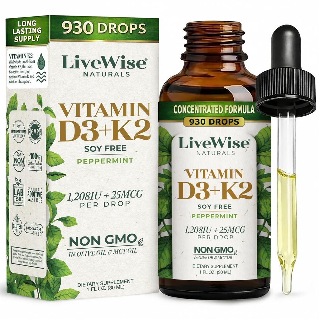 Vitamina D3 con K2 Gocce Liquide, Tutti Naturali, Non OGM, USA Made, 1208 IU Vitamin D3 & 25 mcg K2, Supporta livelli di salute ed energia, Infuso con menta piperita, olive e olio MCT