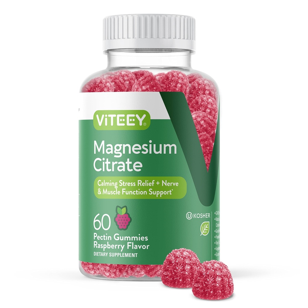 VITEEY Magnesium Gummies per adulti - 66mg di Magnesio Citrato Gummy per calma, sonno, Nerve & Muscle Function Support - Vegetariano, Gluten Free - 60 Conte