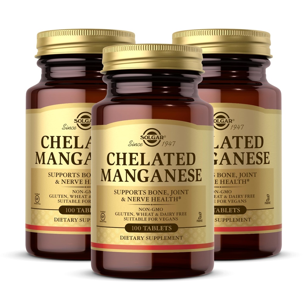 Solgar Chelated Manganese - 100 compresse, Confezione da 2 - Supporta Bone, Joint & Nerve Health - Non-GMO, Vegan, Gluten Free, Dairy Free, Kosher - 200 Total Servings